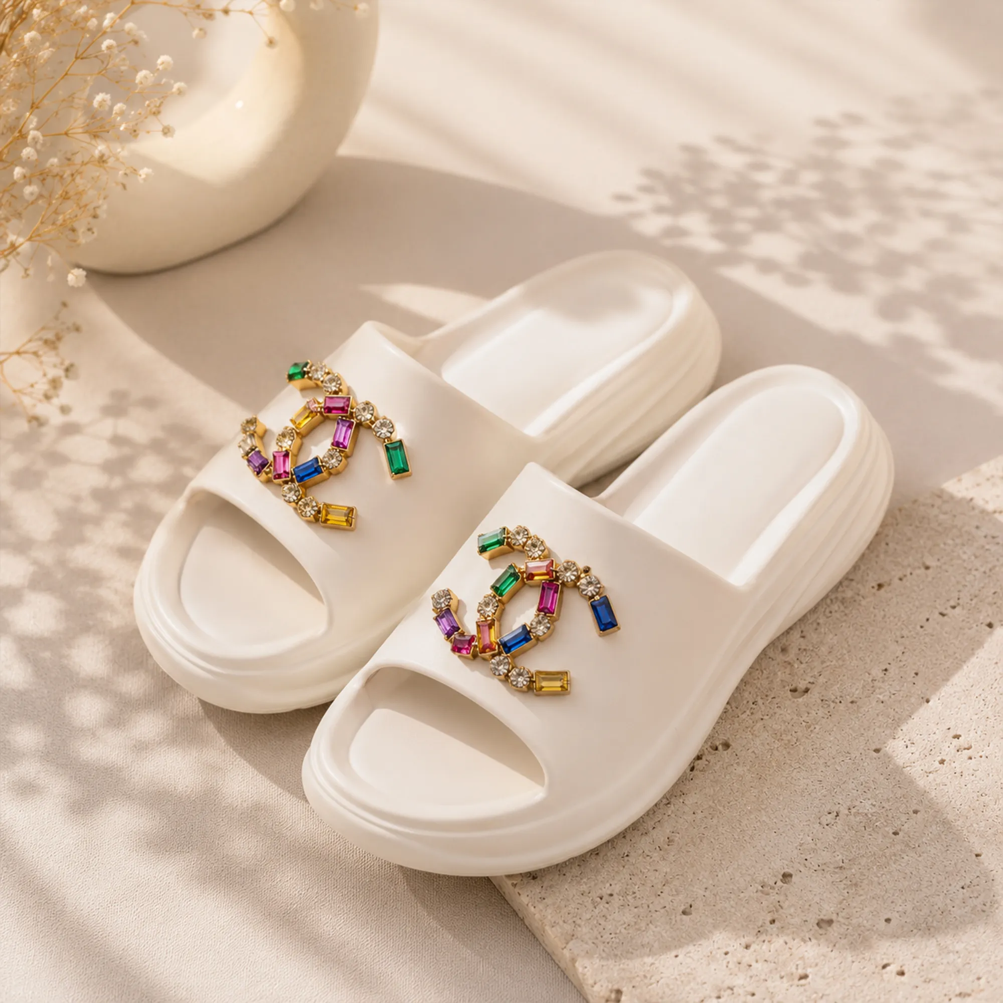 White-platform-slide-sandals-with-multicolor-crystal-embellishment-for-women