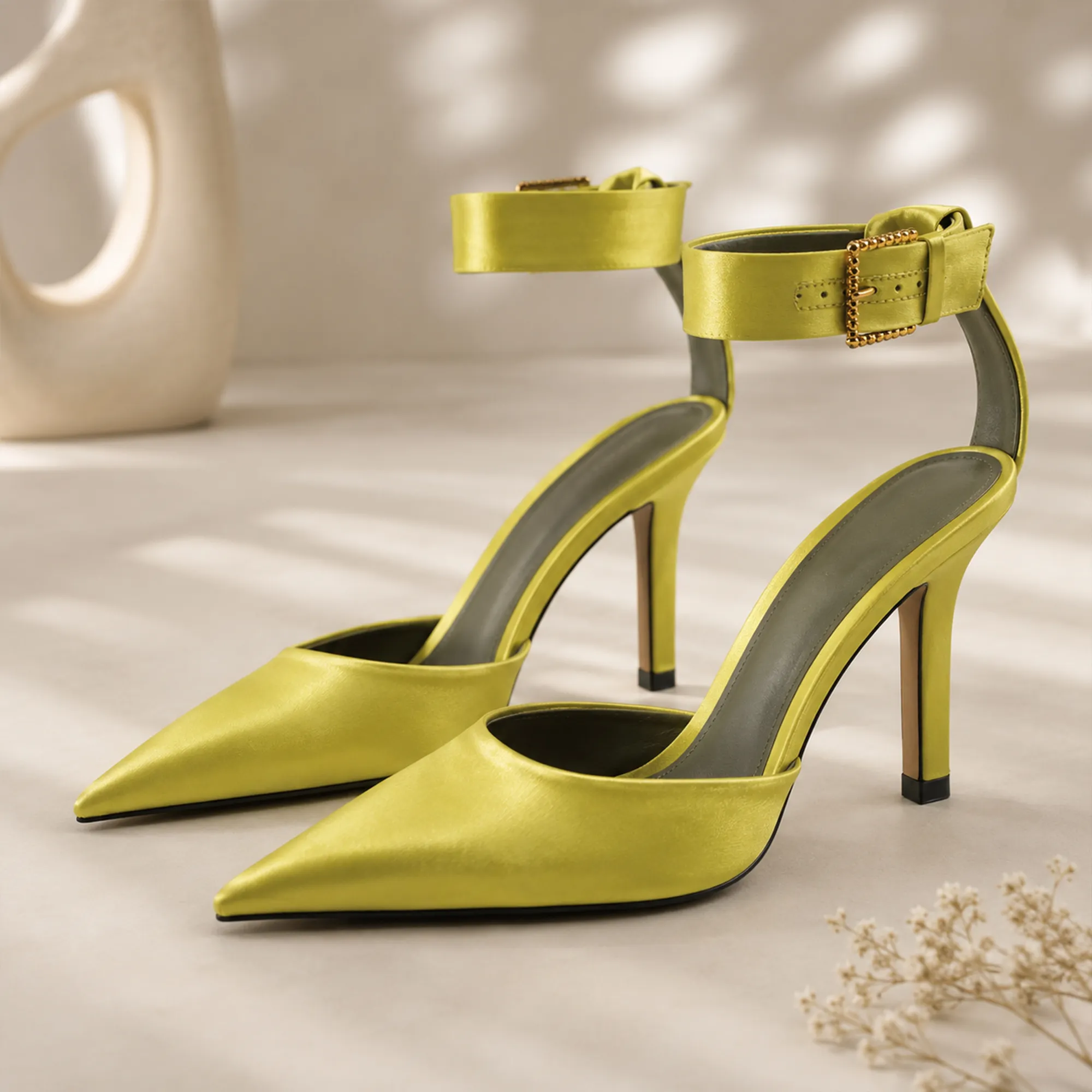Lime-green-satin-pointed-toe-ankle-strap-stiletto-heels-for-women