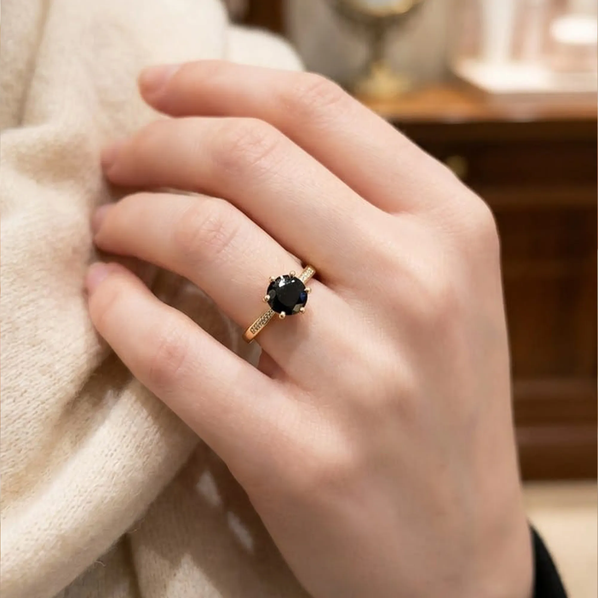 Gold-tone-black-gemstone-ring-with-crystal-accent-for-women