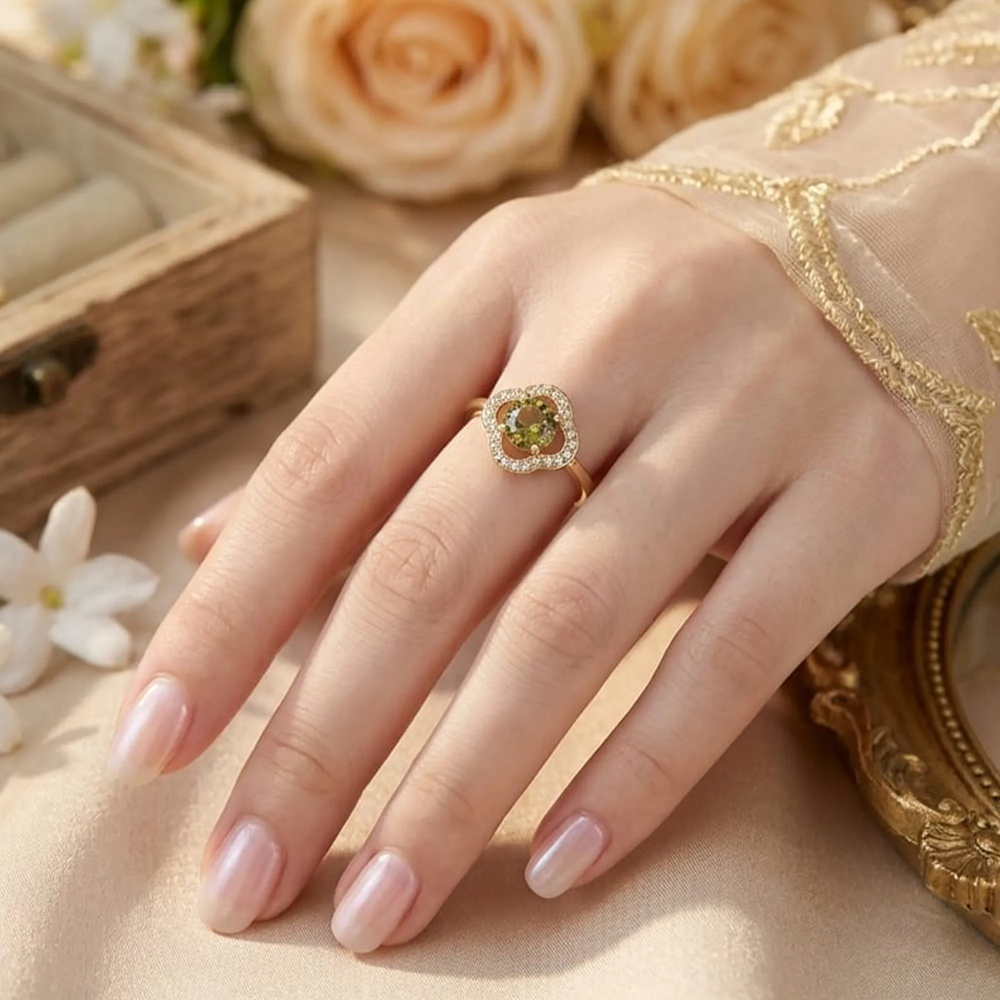 Gold-tone-green-floral-crystal-halo-ring-for-women