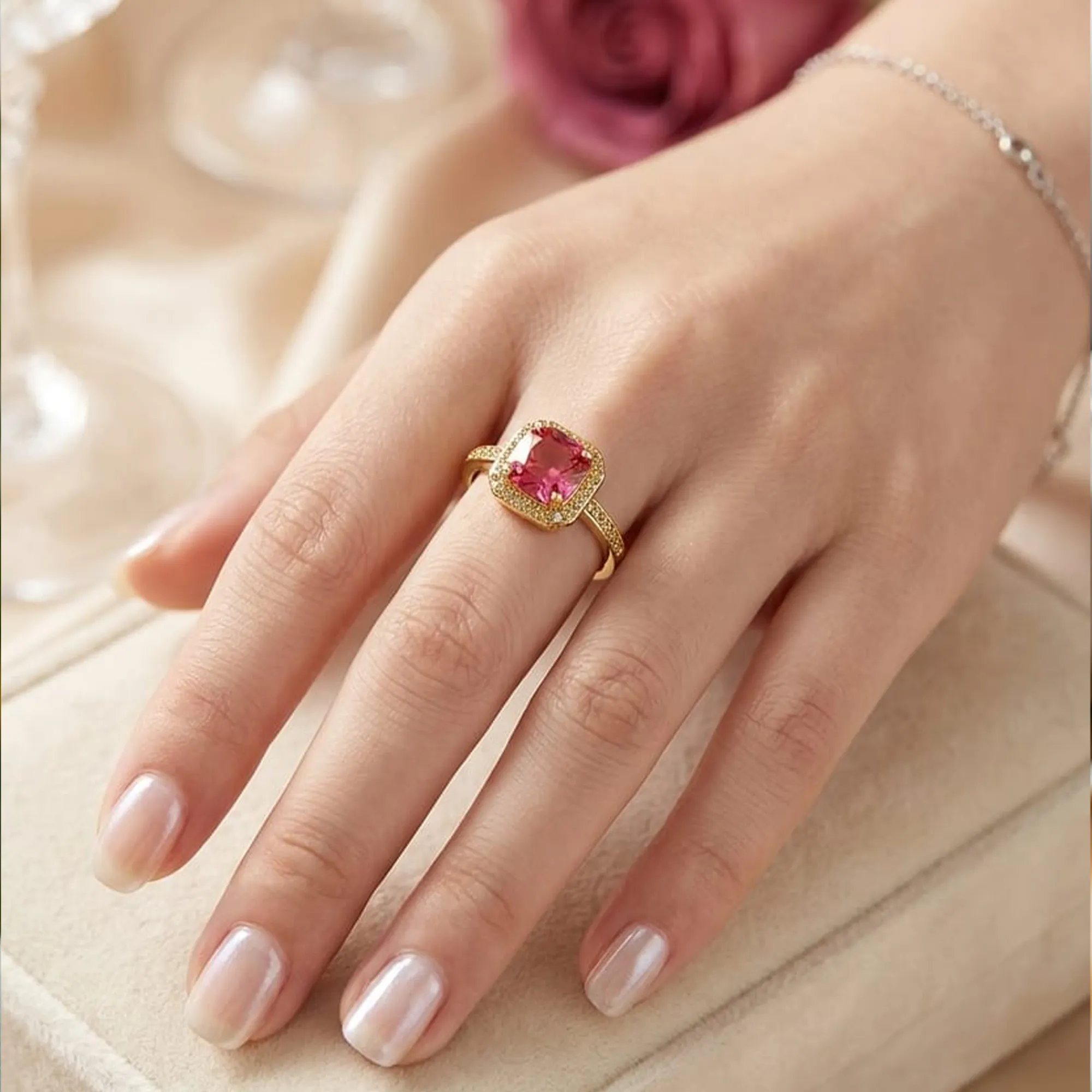Gold-tone-pink-cushion-cut-halo-statement-ring-for-women