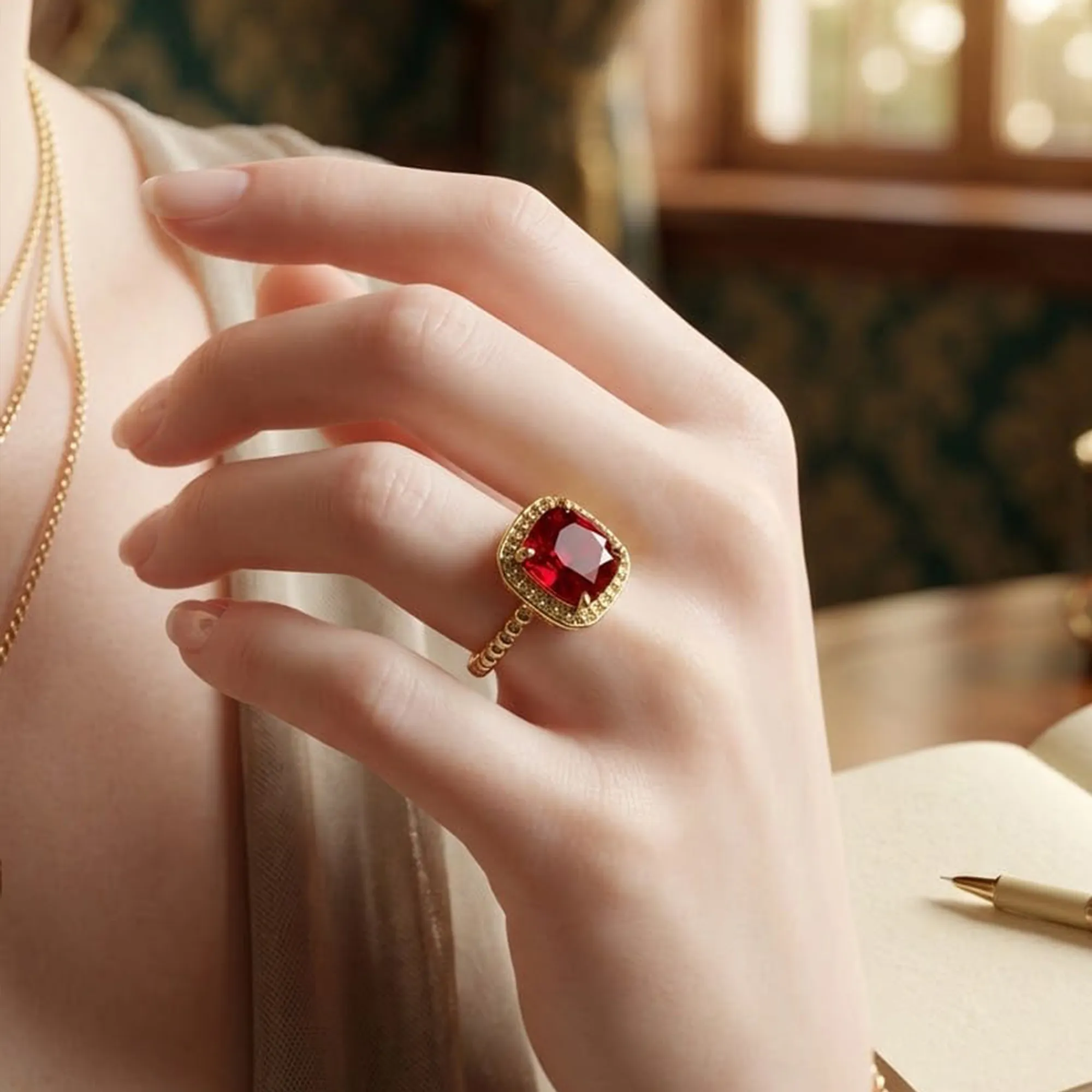 Gold-tone-red-cushion-cut-halo-statement-ring-for-women