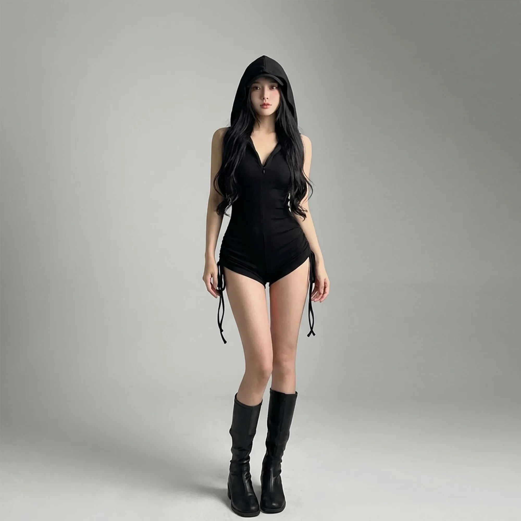 Black-hooded-sleeveless-bodycon-romper-with-zip-front-and-open-back-for-women