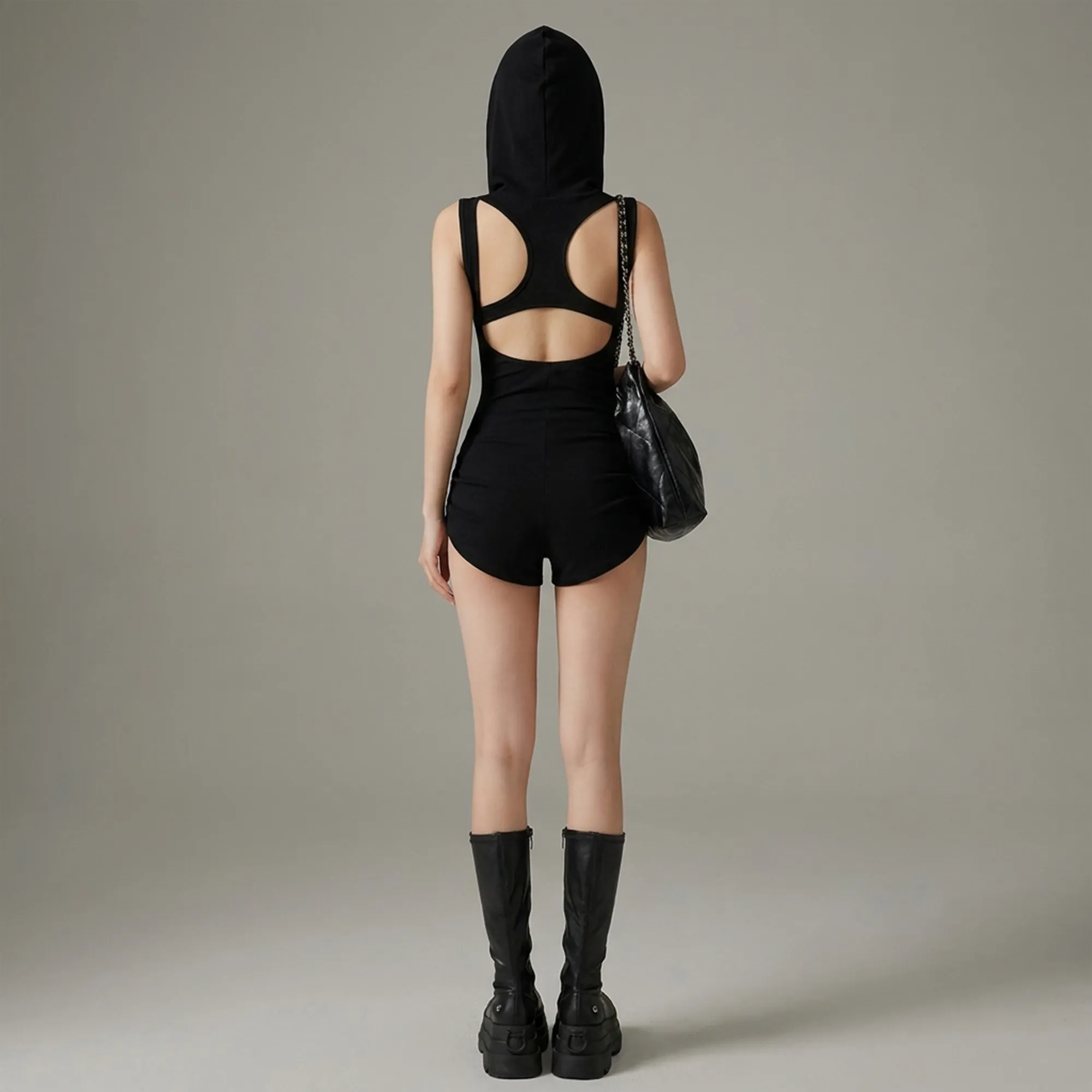 Black-hooded-sleeveless-bodycon-romper-with-zip-front-and-open-back-for-women