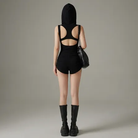 Black-hooded-sleeveless-bodycon-romper-with-zip-front-and-open-back-for-women
