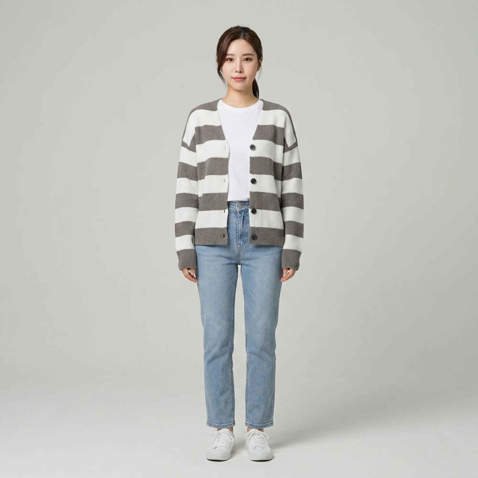 Grey-and-white-striped-knit-cardigan-for-women-button-front-casual-long-sleeve-sweater