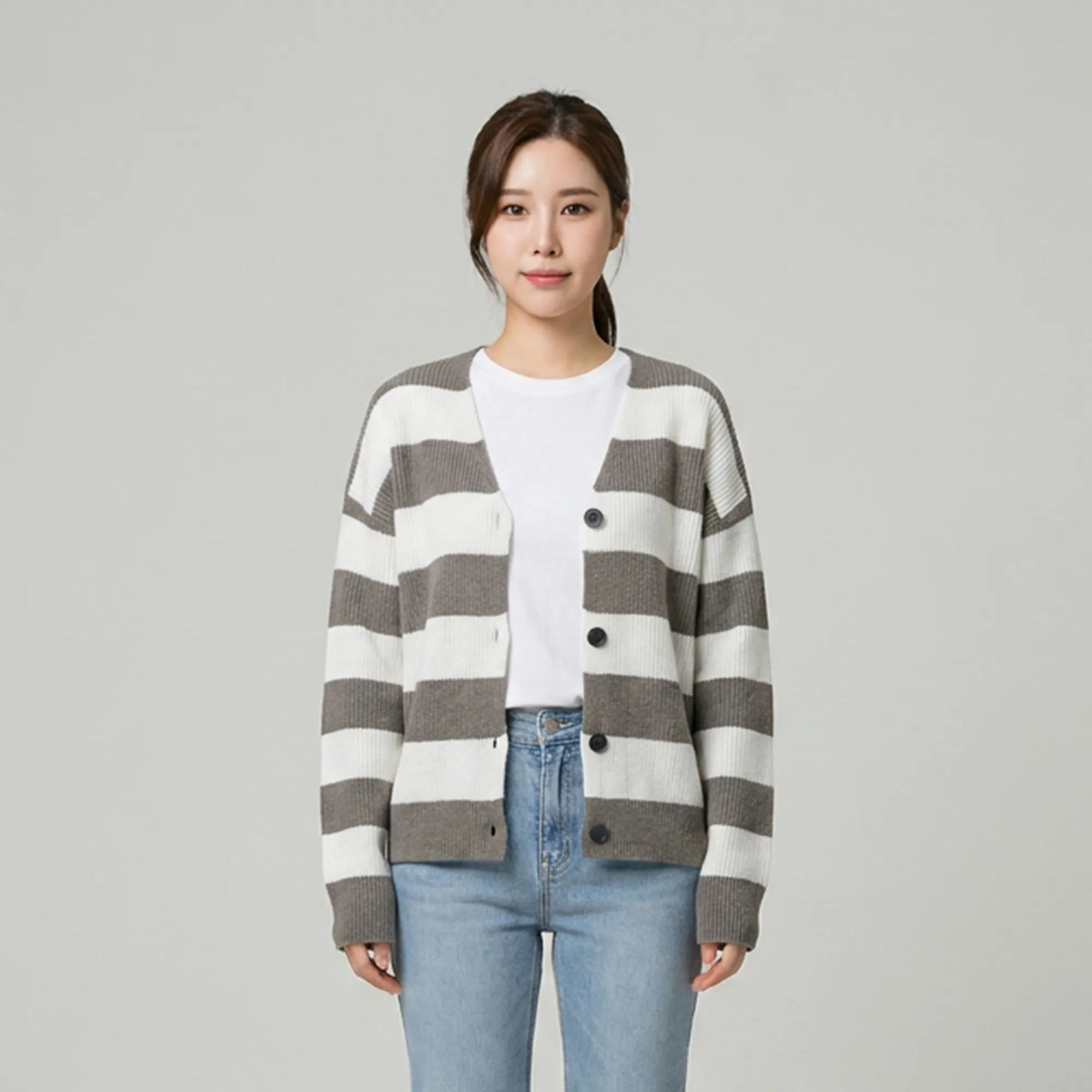 Grey-and-white-striped-knit-cardigan-for-women-button-front-casual-long-sleeve-sweater