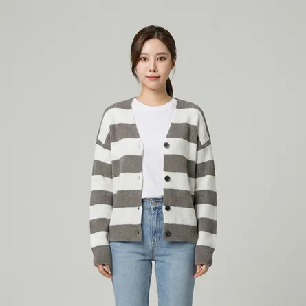 Grey-and-white-striped-knit-cardigan-for-women-button-front-casual-long-sleeve-sweater