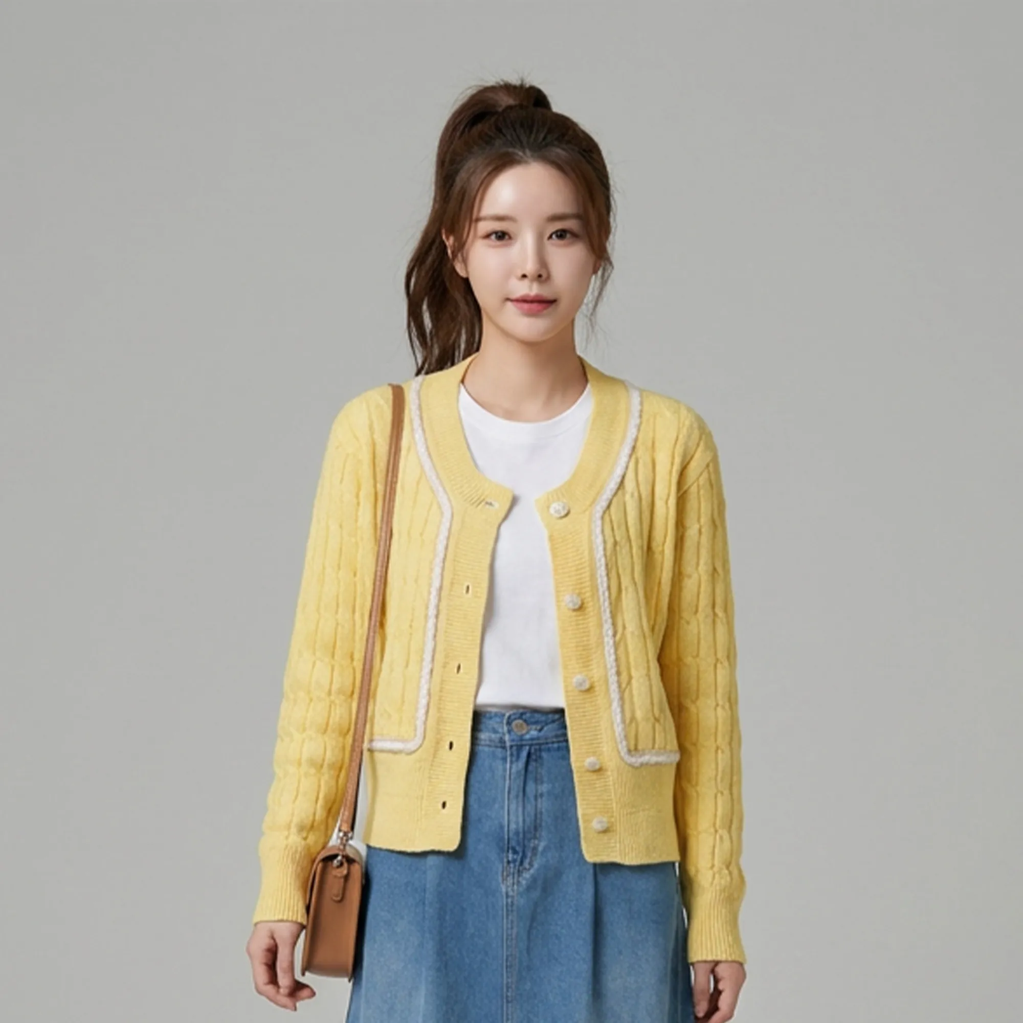 Yellow-cable-knit-cardigan-for-women-button-front-soft-casual-long-sleeve-sweater