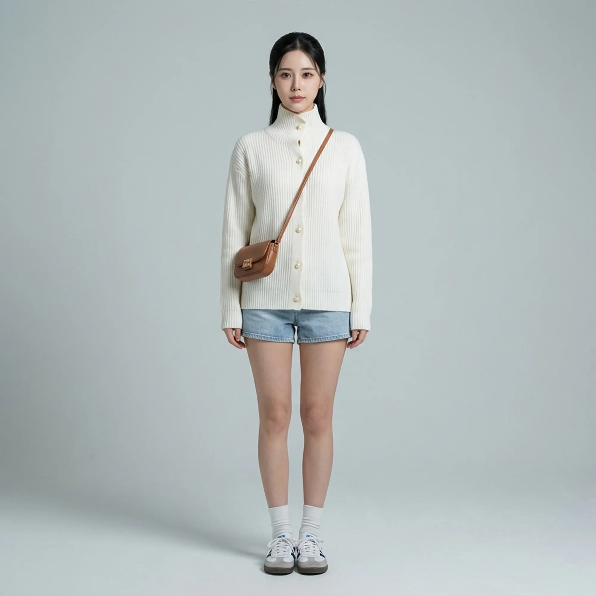 White-ribbed-knit-high-neck-cardigan-for-women-button-front-long-sleeve-casual-sweater