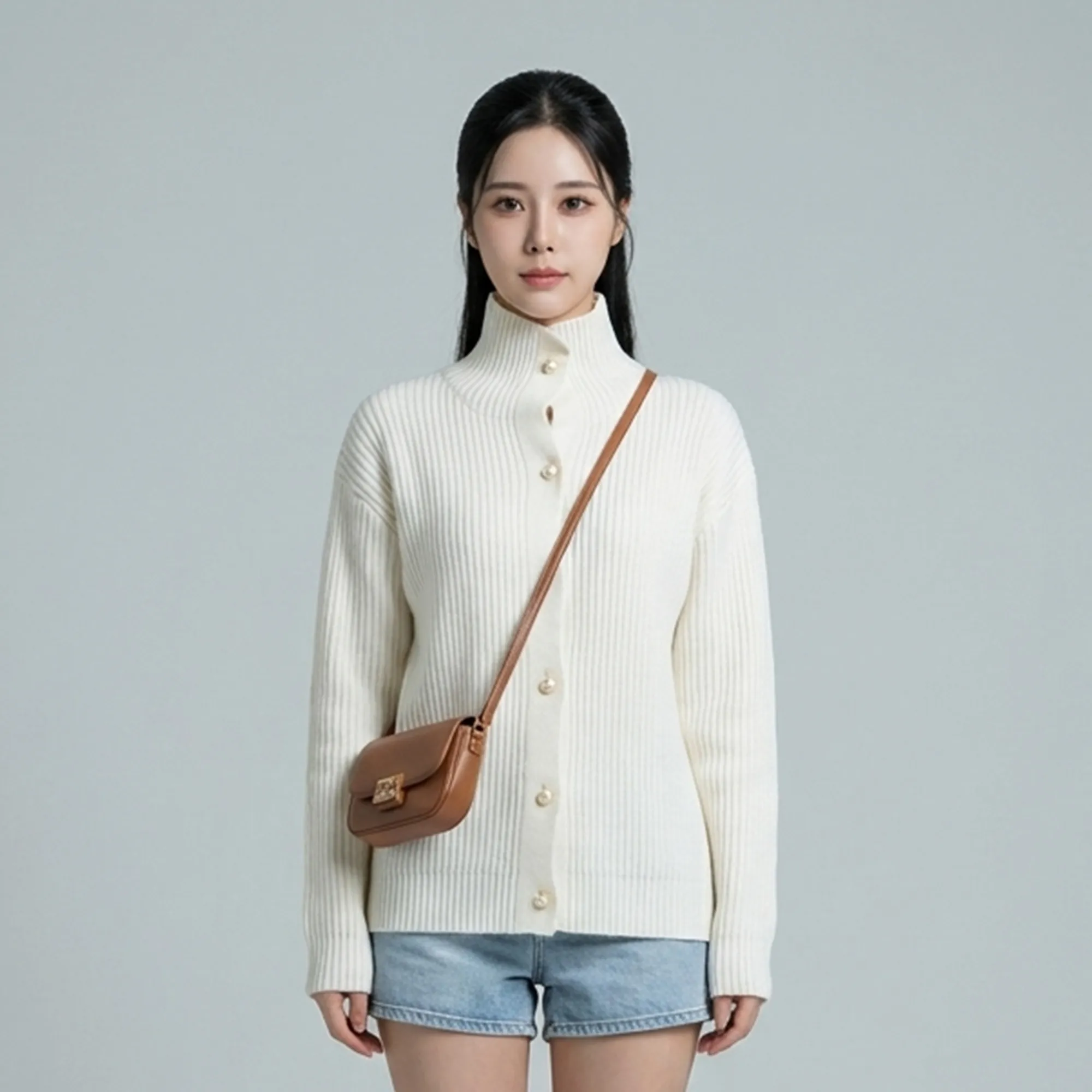 White-ribbed-knit-high-neck-cardigan-for-women-button-front-long-sleeve-casual-sweater