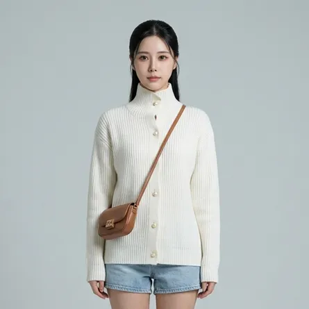 White-ribbed-knit-high-neck-cardigan-for-women-button-front-long-sleeve-casual-sweater