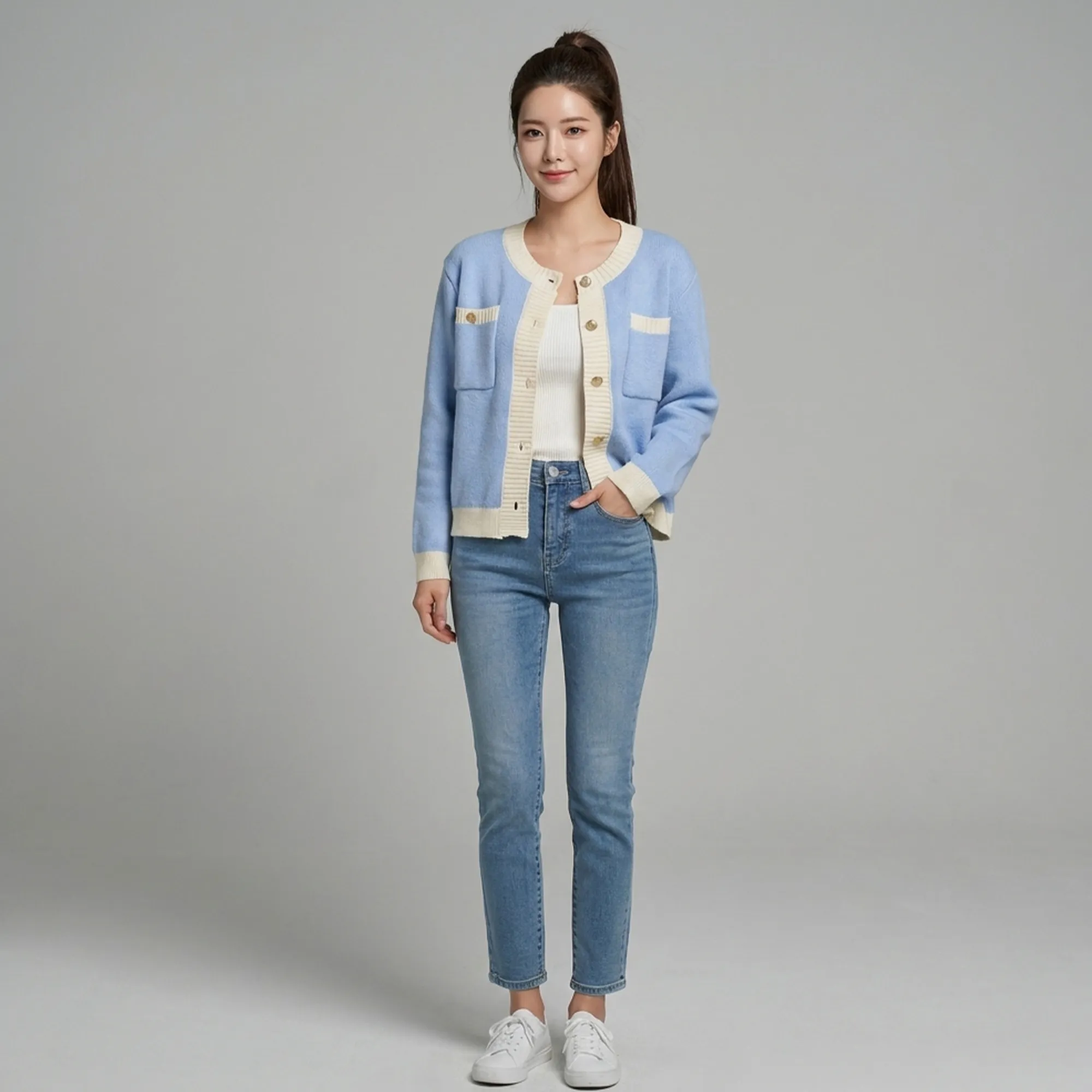 Blue-and-white-knit-button-front-cardigan-sweater-for-women-with-contrast-trim-and-front-pockets