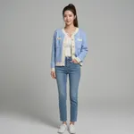 Blue-and-white-knit-button-front-cardigan-sweater-for-women-with-contrast-trim-and-front-pockets