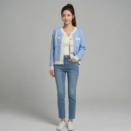 Blue-and-white-knit-button-front-cardigan-sweater-for-women-with-contrast-trim-and-front-pockets