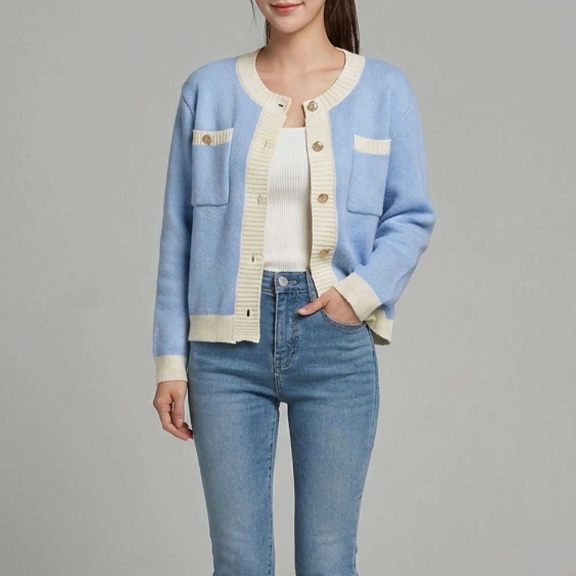 Blue-and-white-knit-button-front-cardigan-sweater-for-women-with-contrast-trim-and-front-pockets