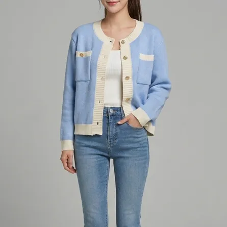 Blue-and-white-knit-button-front-cardigan-sweater-for-women-with-contrast-trim-and-front-pockets