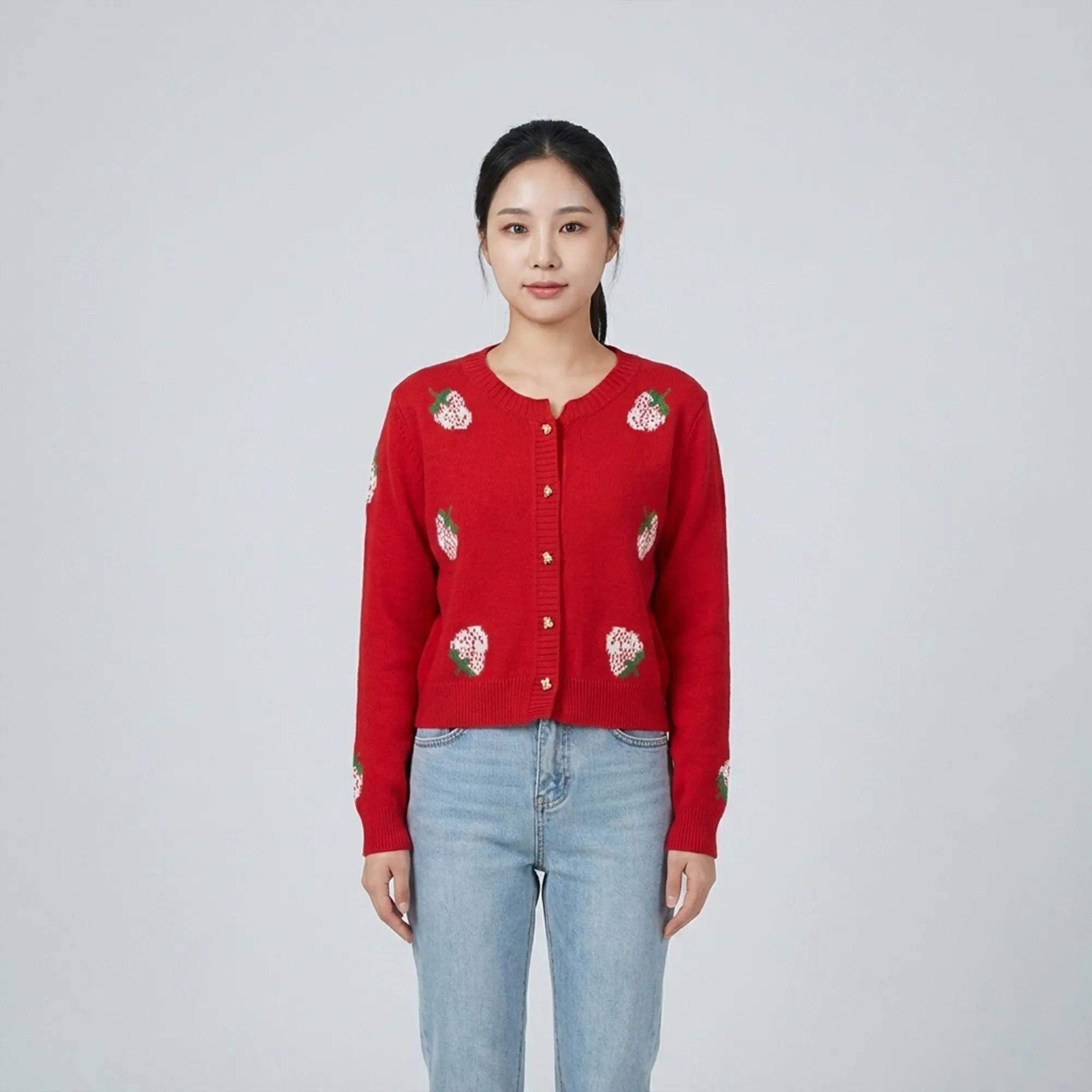 Red-strawberry-embroidered-knit-button-front-cardigan-sweater-for-women-with-full-sleeves
