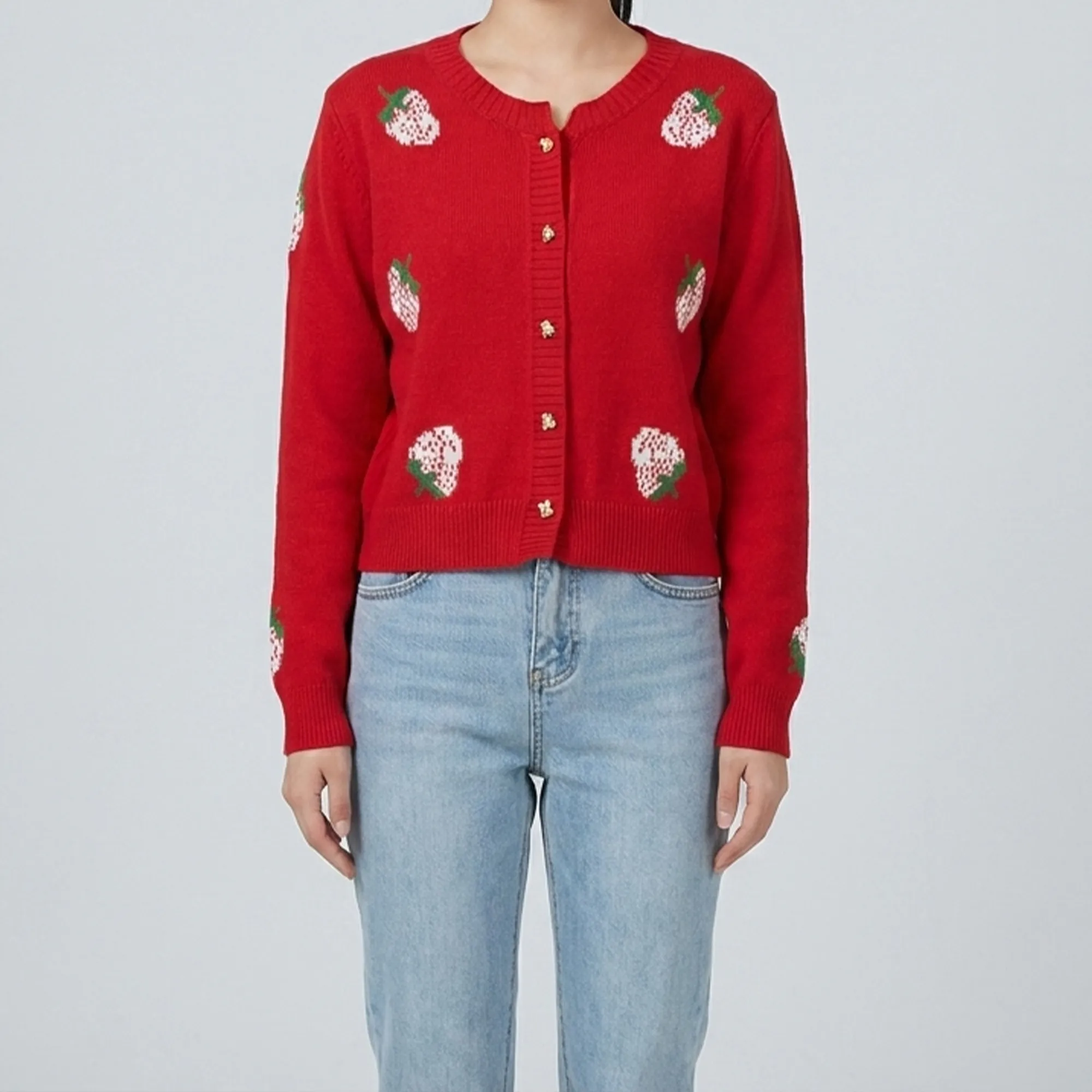 Red-strawberry-embroidered-knit-button-front-cardigan-sweater-for-women-with-full-sleeves