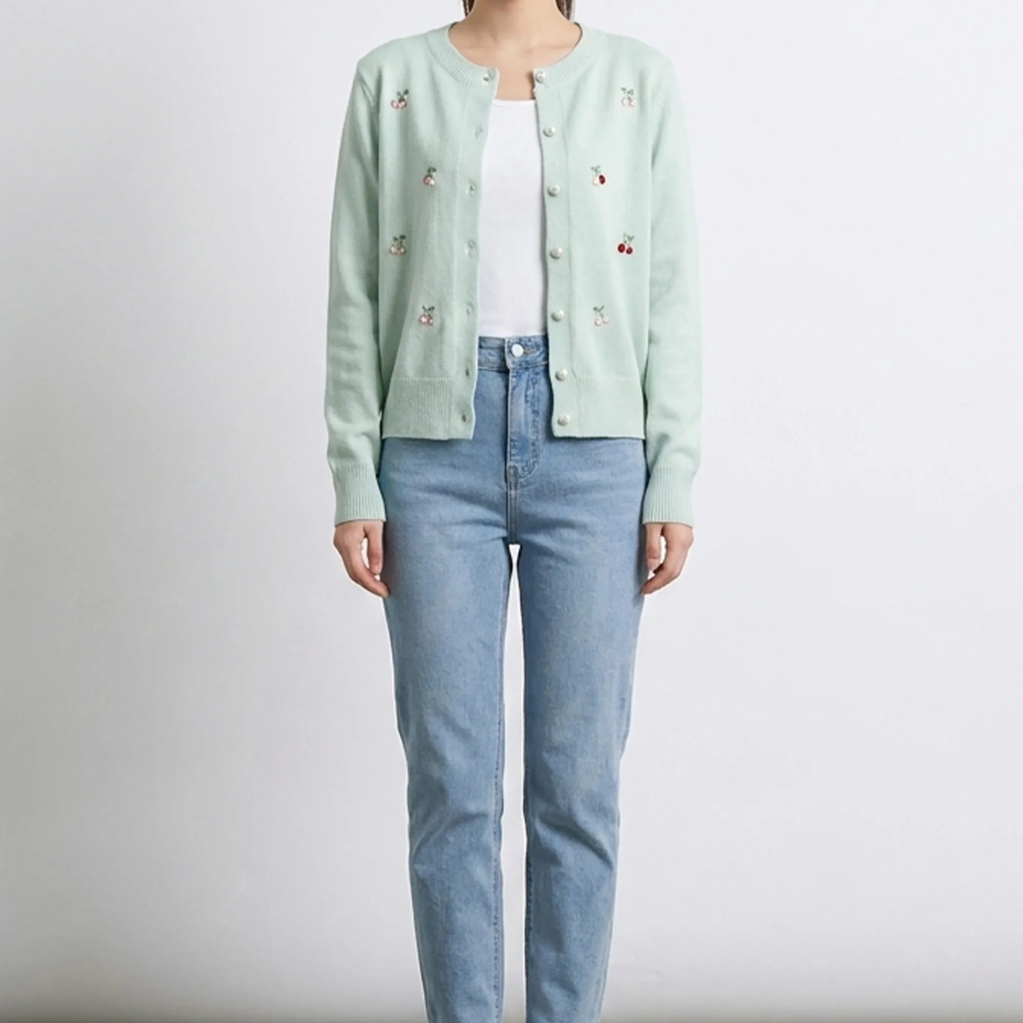 Mint-green-cherry-embroidered-knit-button-front-cardigan-sweater-for-women-with-full-sleeves