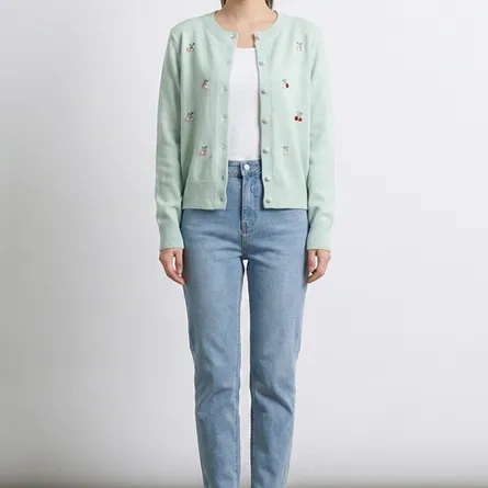 Mint-green-cherry-embroidered-knit-button-front-cardigan-sweater-for-women-with-full-sleeves