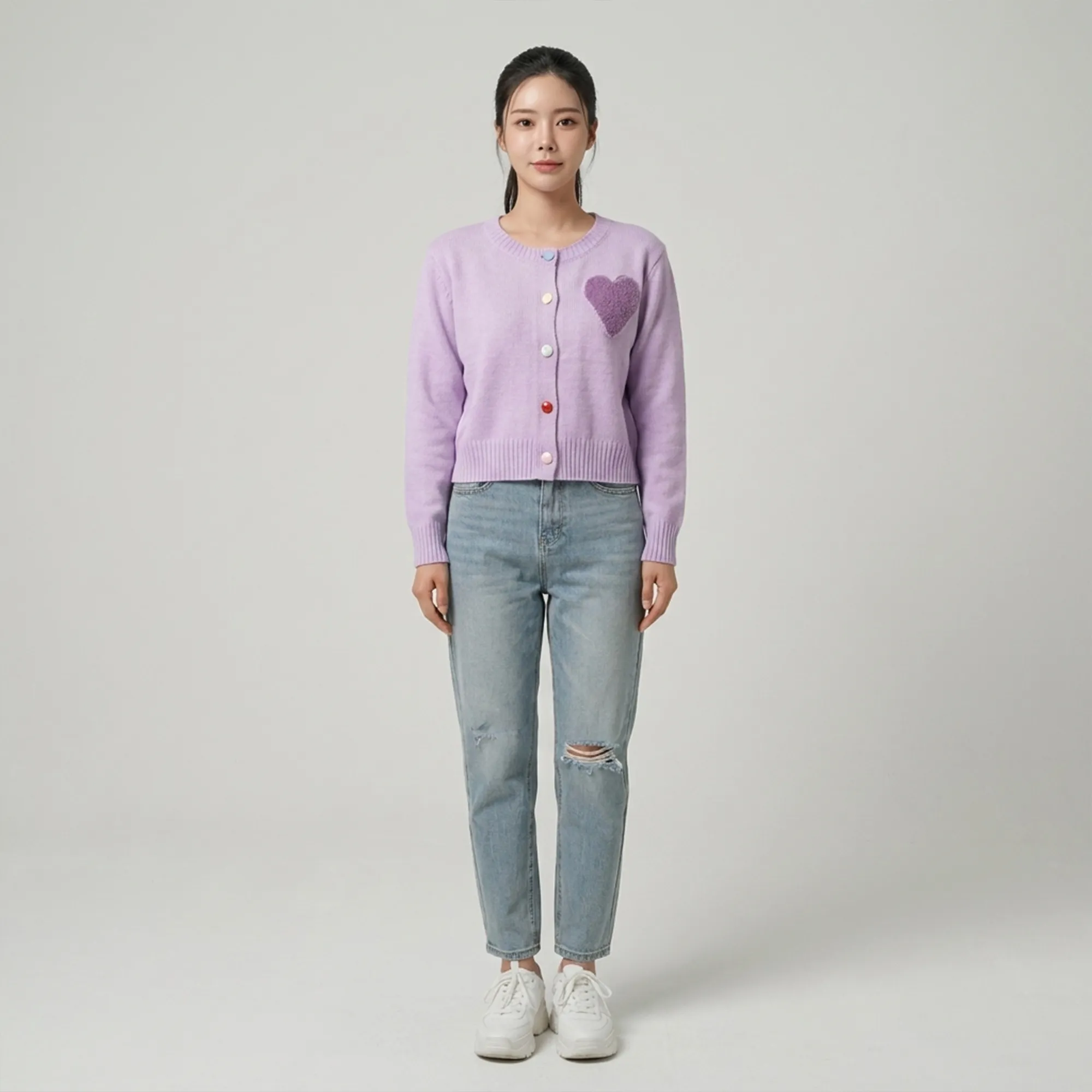 Lavender-heart-knit-button-front-cardigan-sweater-for-women-with-full-sleeves