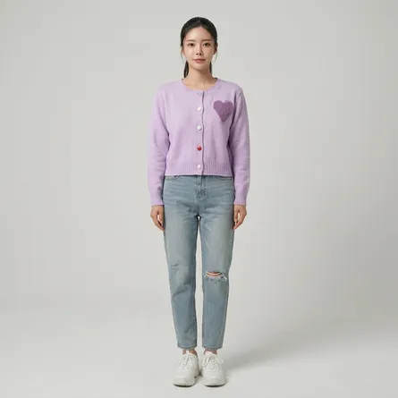 Lavender-heart-knit-button-front-cardigan-sweater-for-women-with-full-sleeves