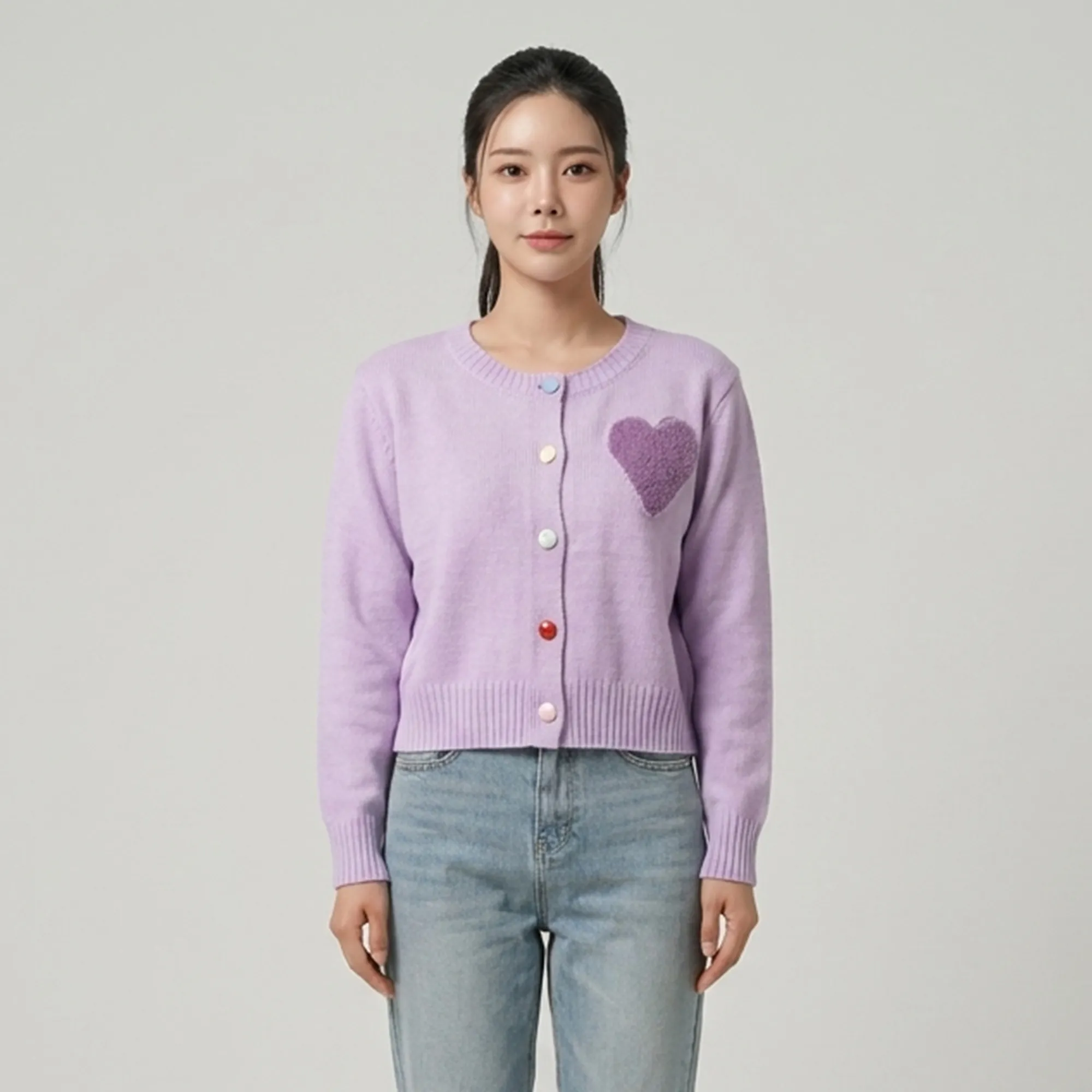 Lavender-heart-knit-button-front-cardigan-sweater-for-women-with-full-sleeves