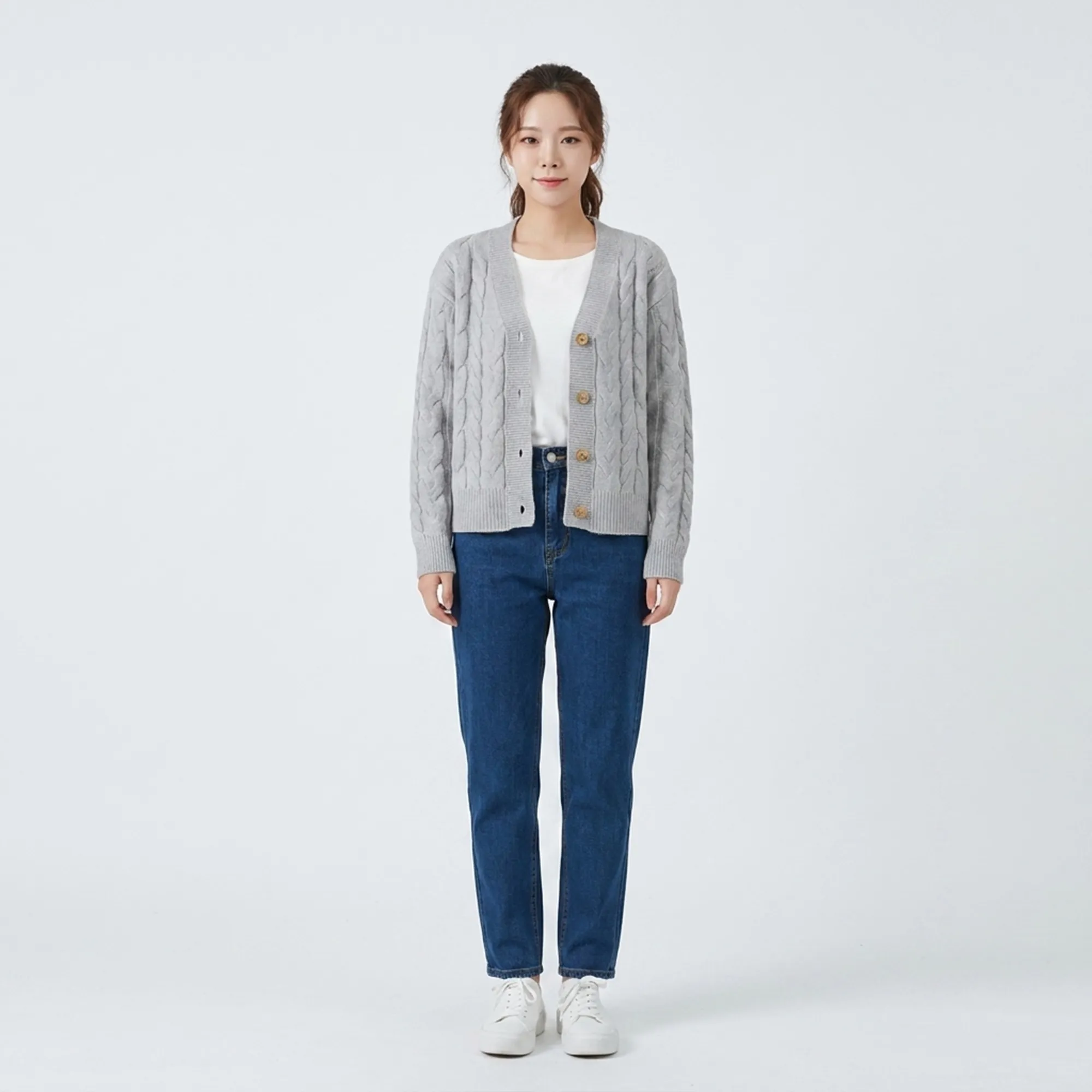 Grey-cable-knit-v-neck-button-front-cardigan-sweater-for-women-with-full-sleeves