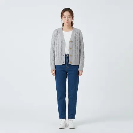 Grey-cable-knit-v-neck-button-front-cardigan-sweater-for-women-with-full-sleeves