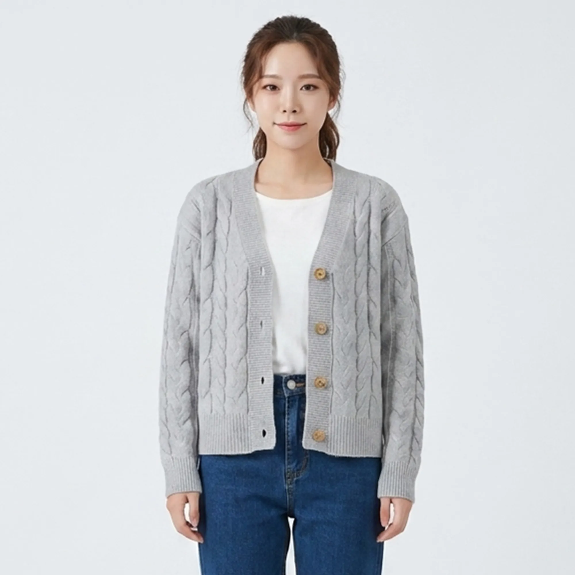 Grey-cable-knit-v-neck-button-front-cardigan-sweater-for-women-with-full-sleeves