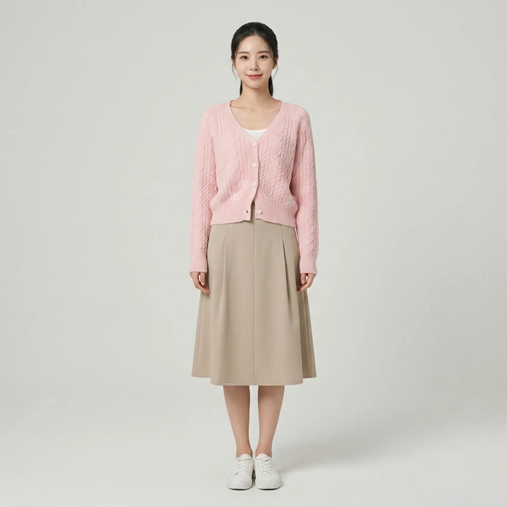 Pink-cable-knit-v-neck-button-front-cardigan-sweater-for-women-with-full-sleeves