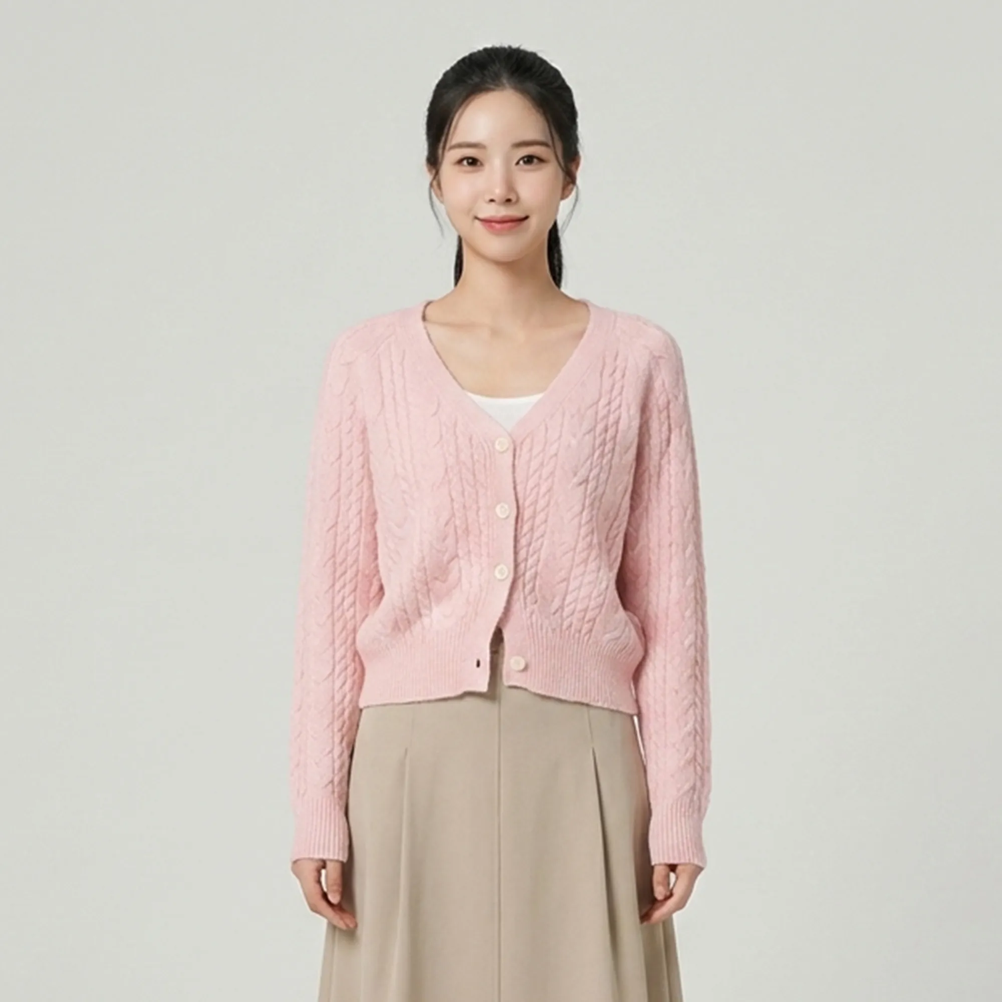 Pink-cable-knit-v-neck-button-front-cardigan-sweater-for-women-with-full-sleeves