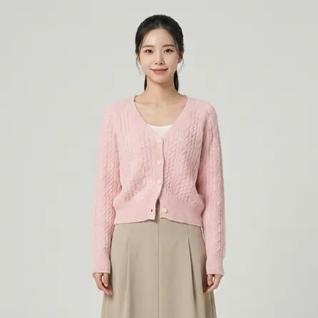 Pink-cable-knit-v-neck-button-front-cardigan-sweater-for-women-with-full-sleeves
