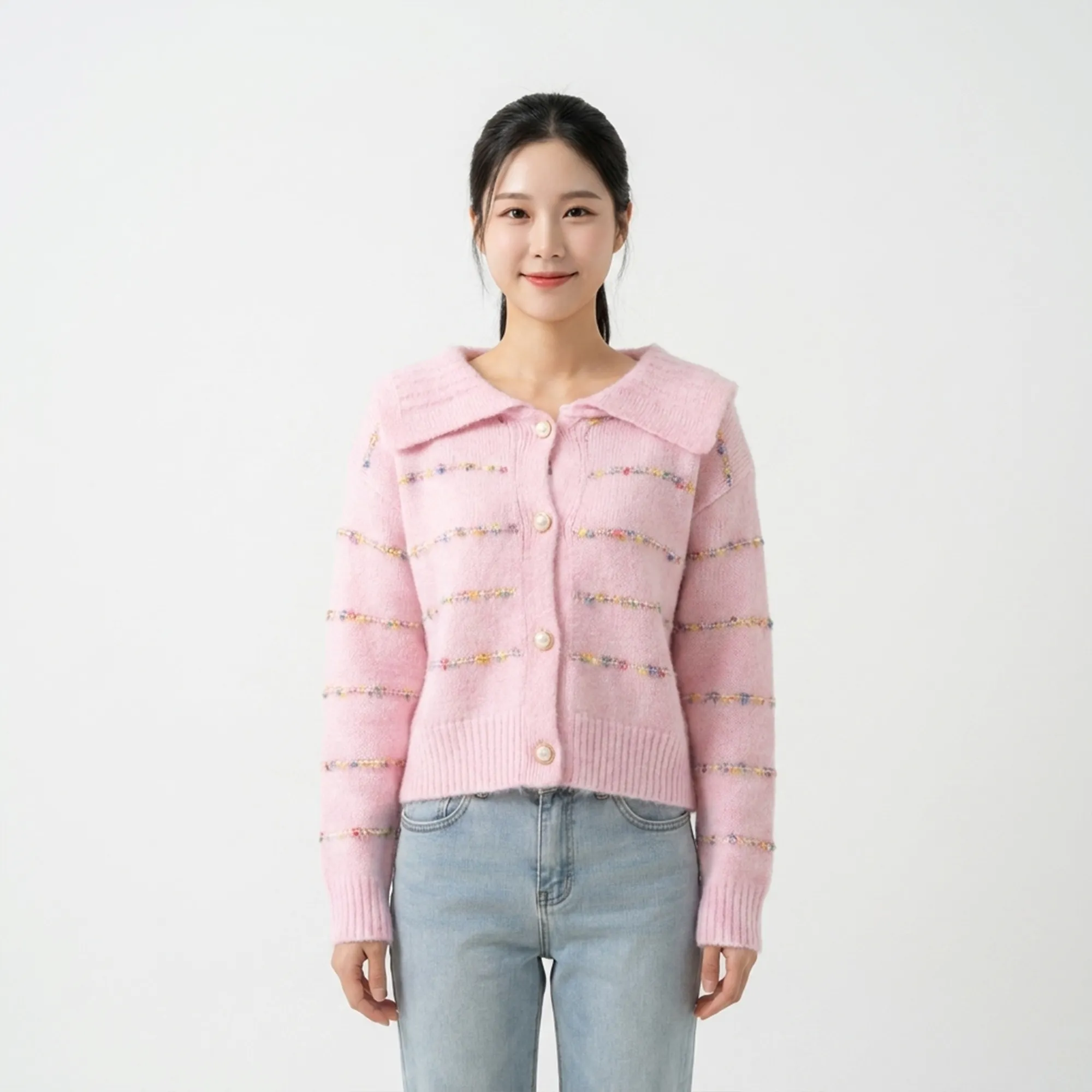 light-pink-collared-knit-button-front-cardigan-sweater-for-women-with-textured-multicolor-stripeslight-pink-collared-knit-button-front-cardigan-sweater-for-women-with-textured-multicolor-stripes