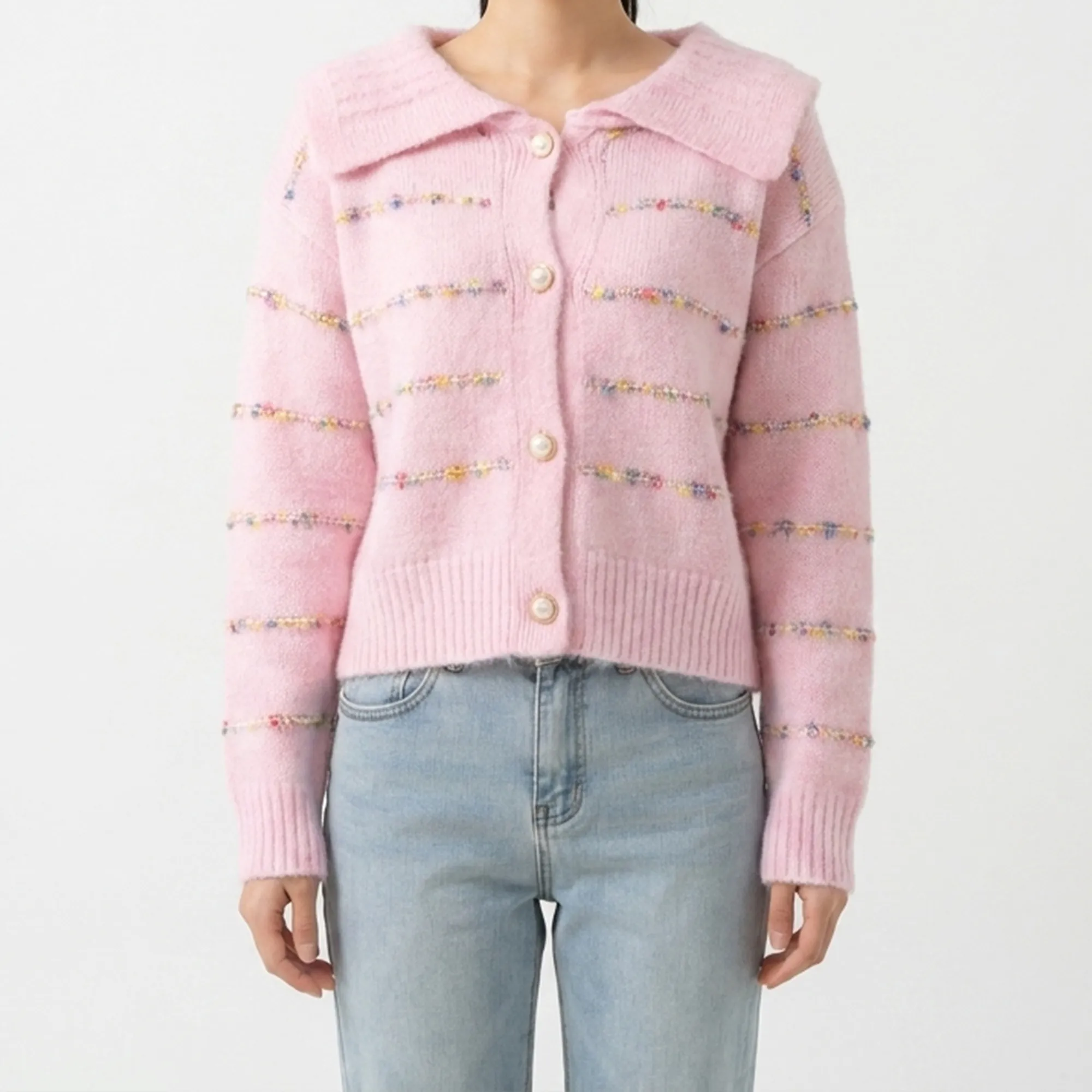 light-pink-collared-knit-button-front-cardigan-sweater-for-women-with-textured-multicolor-stripes