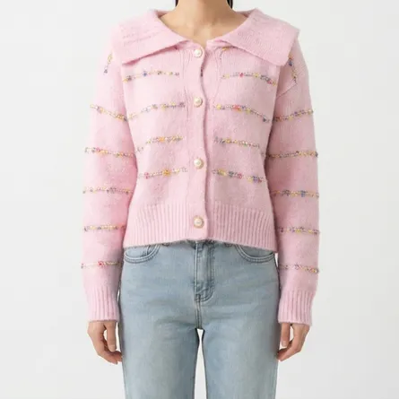 light-pink-collared-knit-button-front-cardigan-sweater-for-women-with-textured-multicolor-stripes