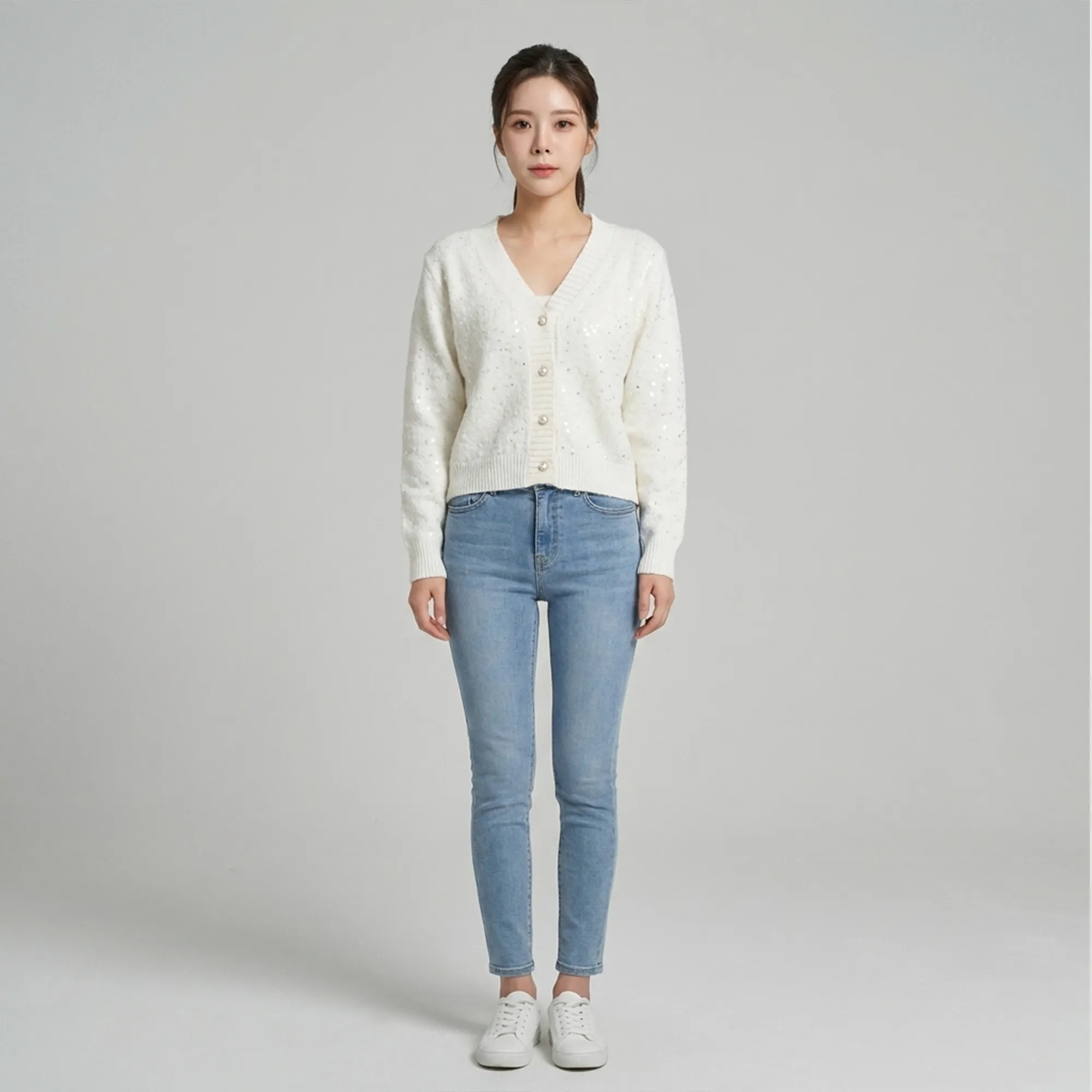 white-v-neck-sequin-knit-button-front-cardigan-sweater-for-women-with-full-sleeves