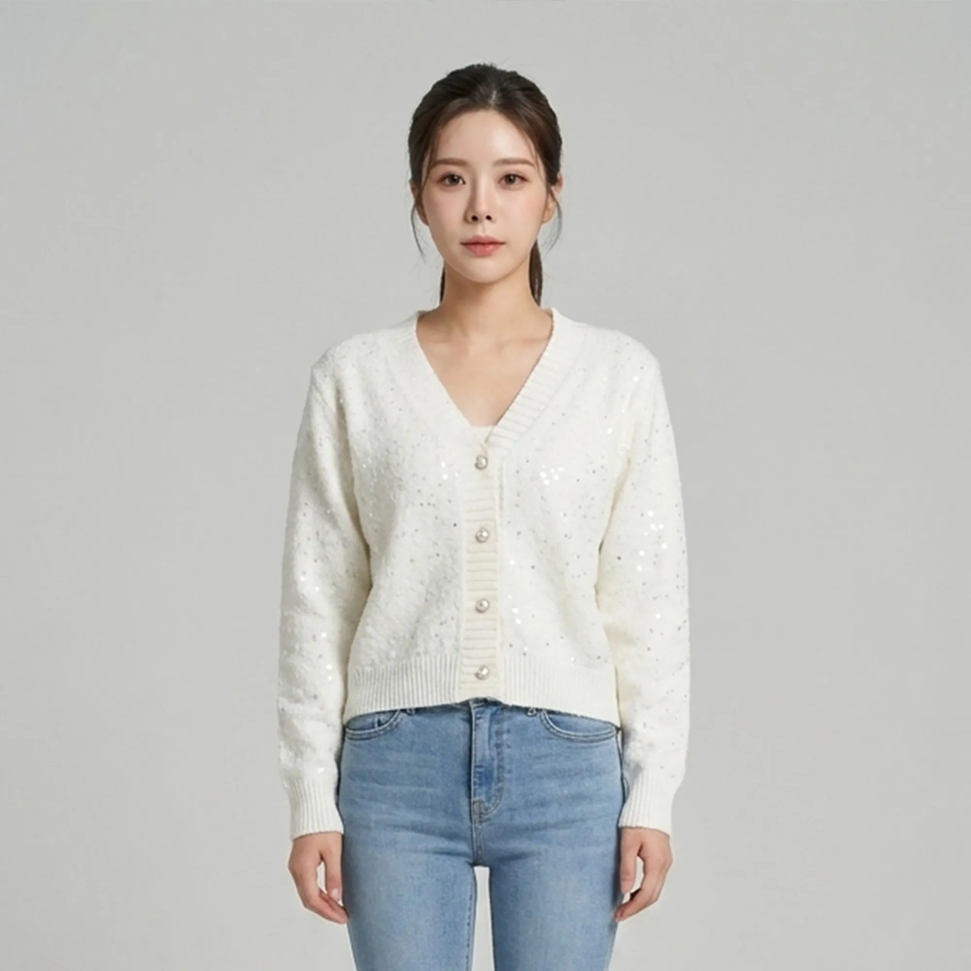 white-v-neck-sequin-knit-button-front-cardigan-sweater-for-women-with-full-sleeves