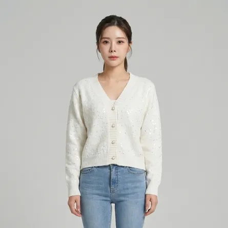 white-v-neck-sequin-knit-button-front-cardigan-sweater-for-women-with-full-sleeves