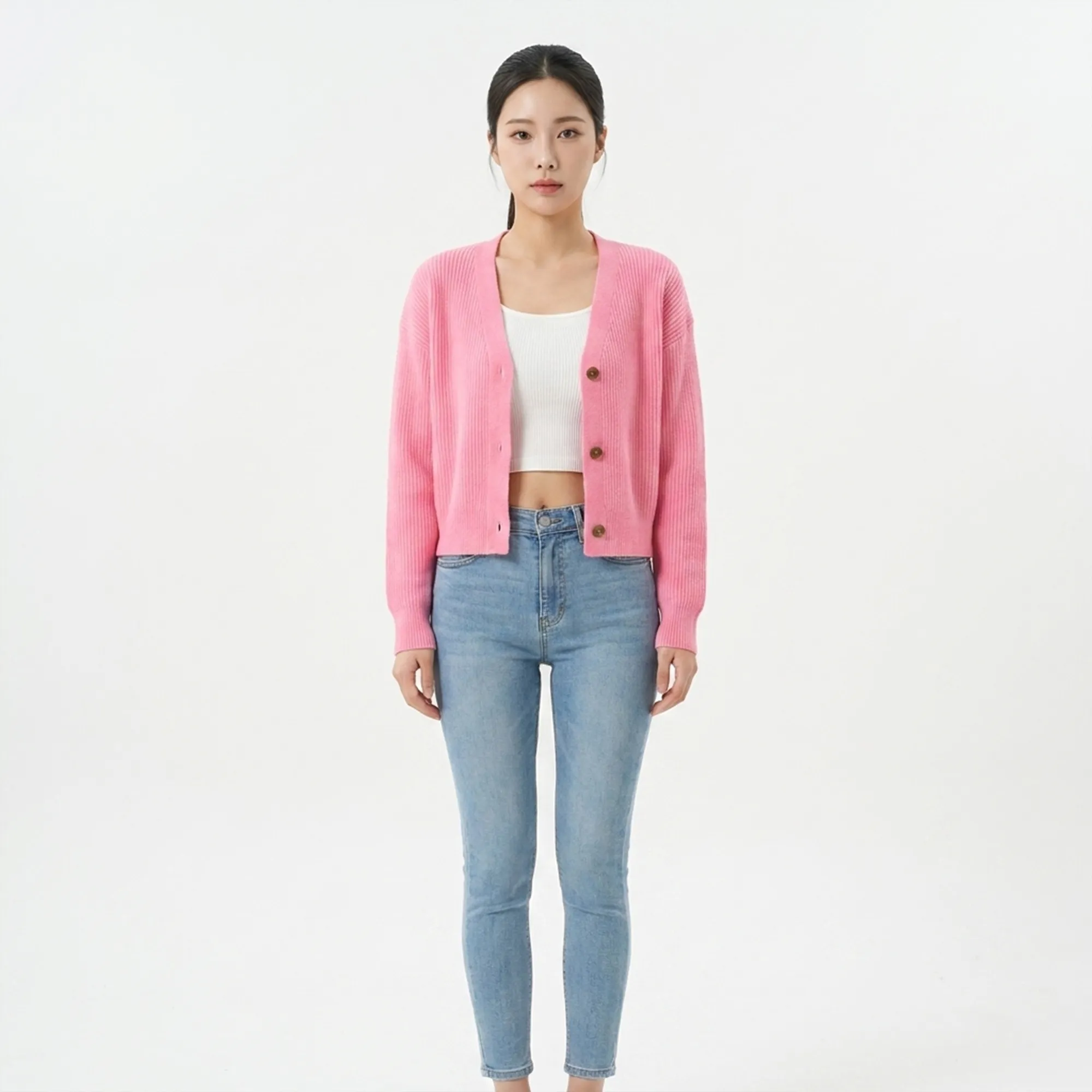 pink-ribbed-v-neck-button-front-knit-cardigan-sweater-for-women-with-full-sleeves