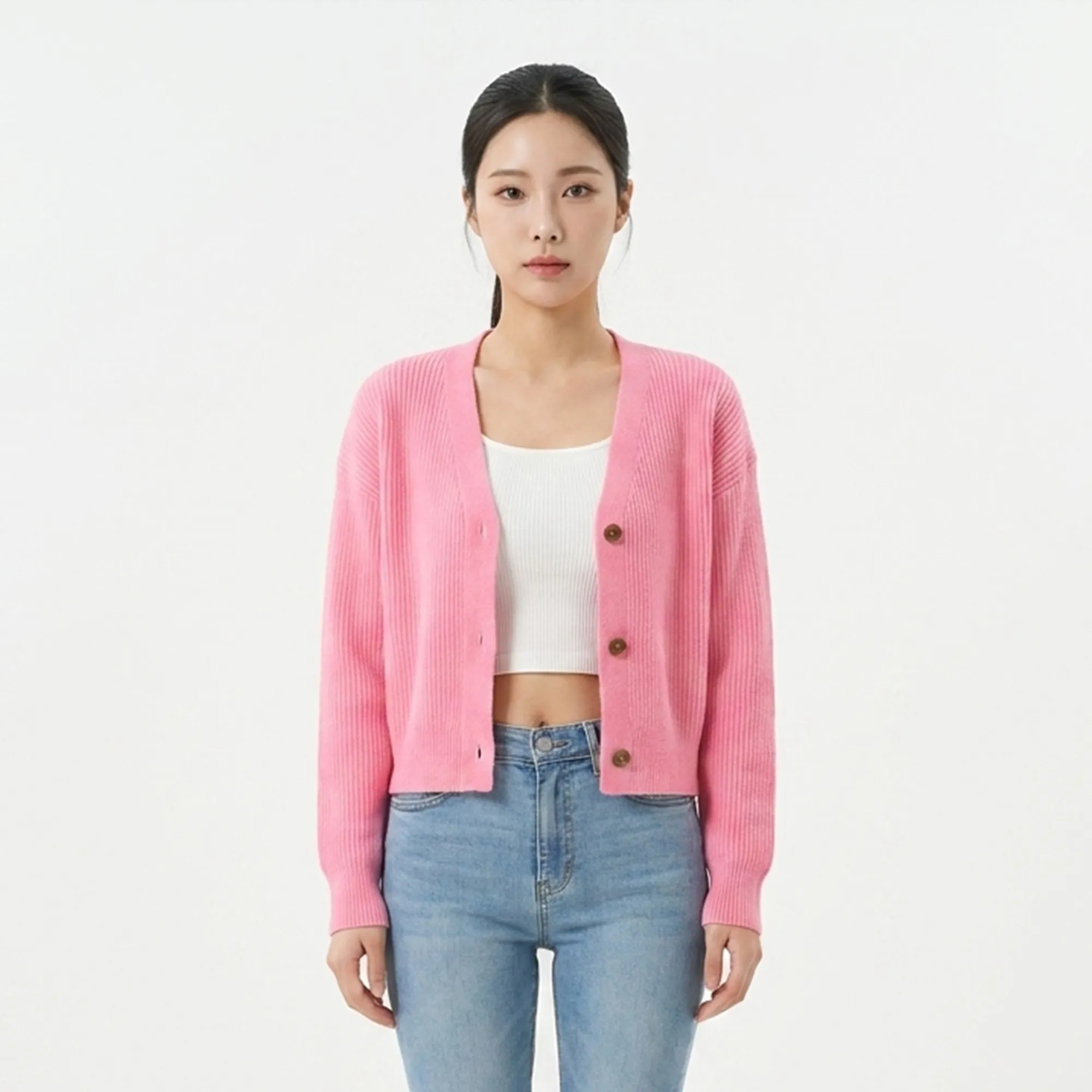pink-ribbed-v-neck-button-front-knit-cardigan-sweater-for-women-with-full-sleeves