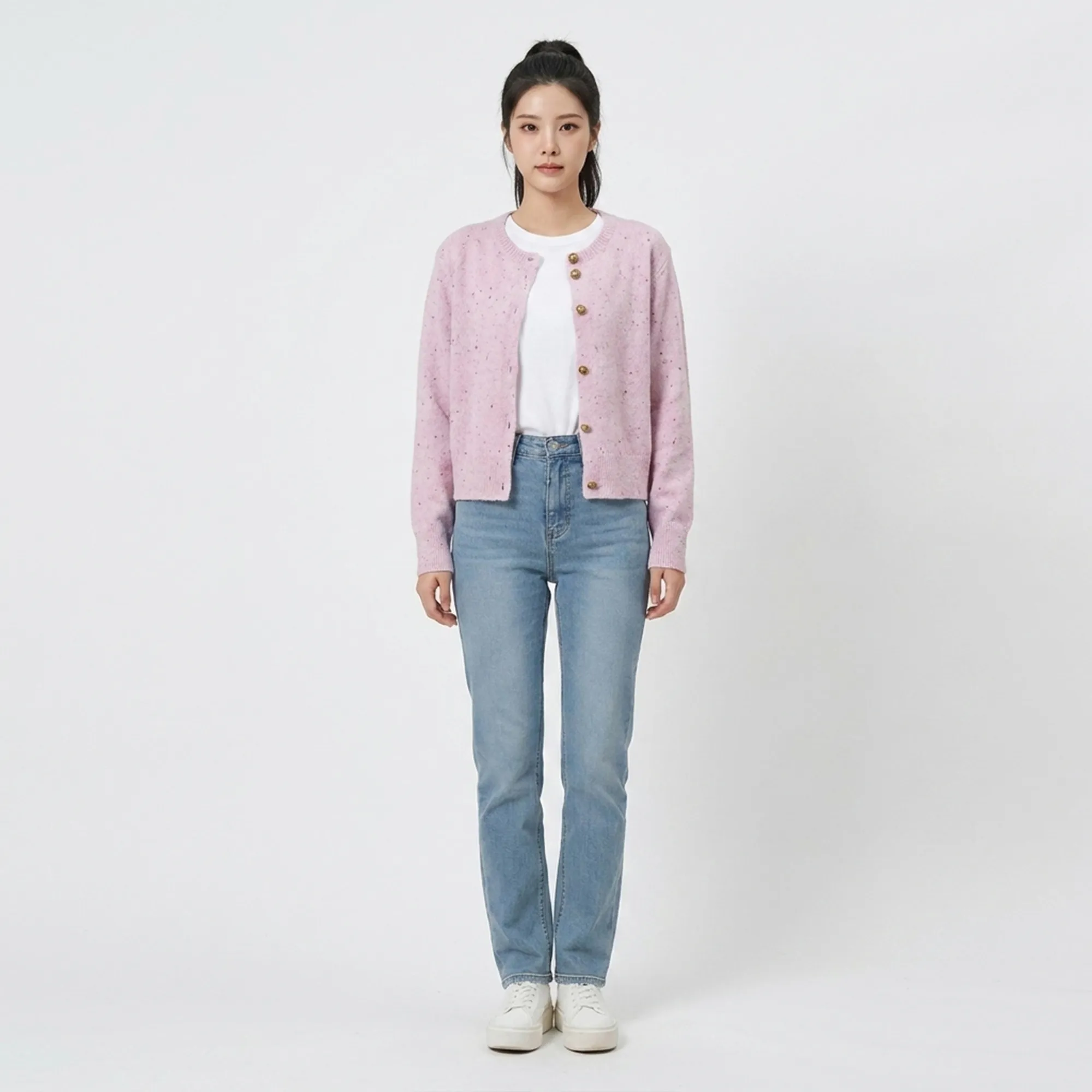 Light-pink-speckled-knit-button-front-cardigan-sweater-for-women-with-full-sleeves