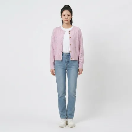 Light-pink-speckled-knit-button-front-cardigan-sweater-for-women-with-full-sleeves
