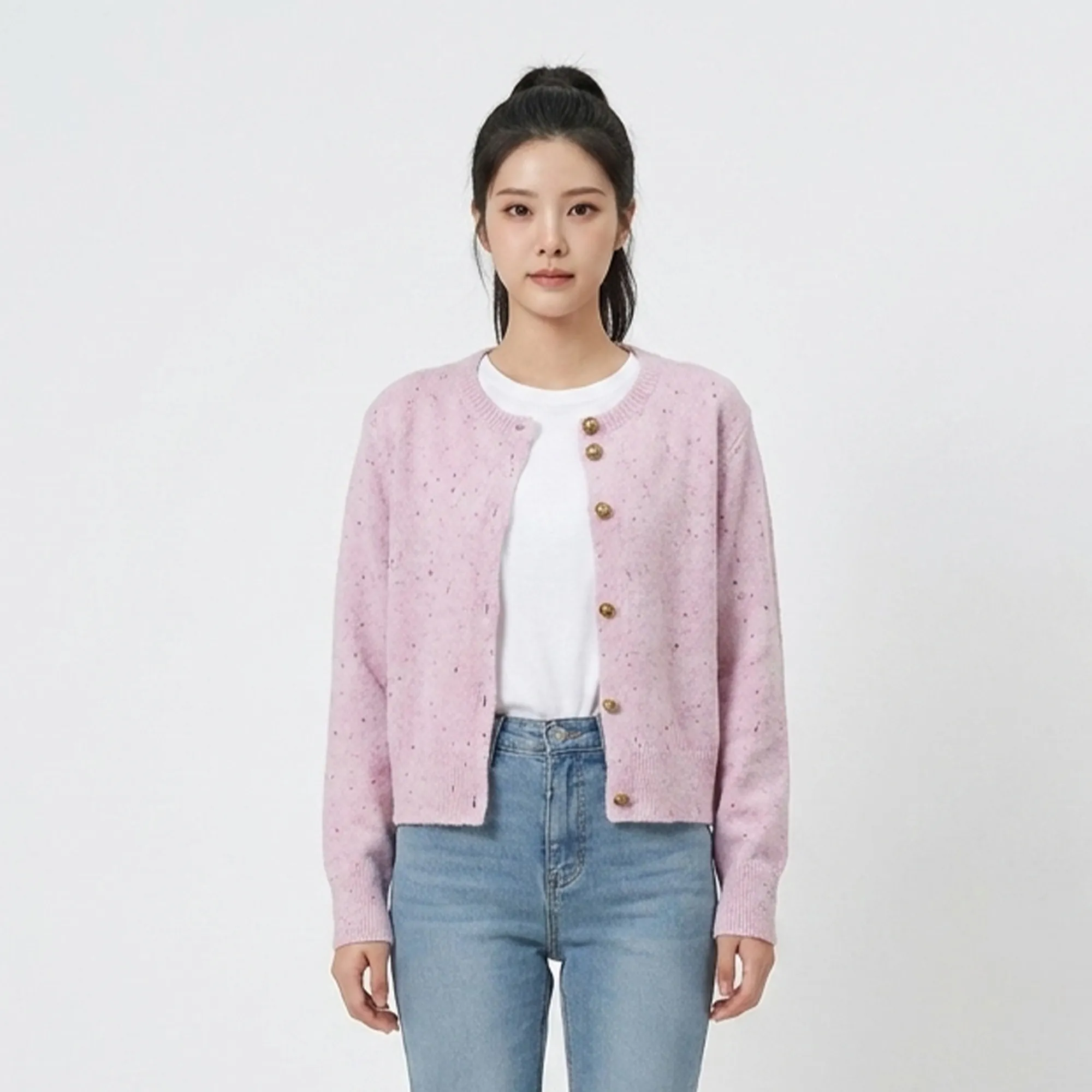 Light-pink-speckled-knit-button-front-cardigan-sweater-for-women-with-full-sleeves