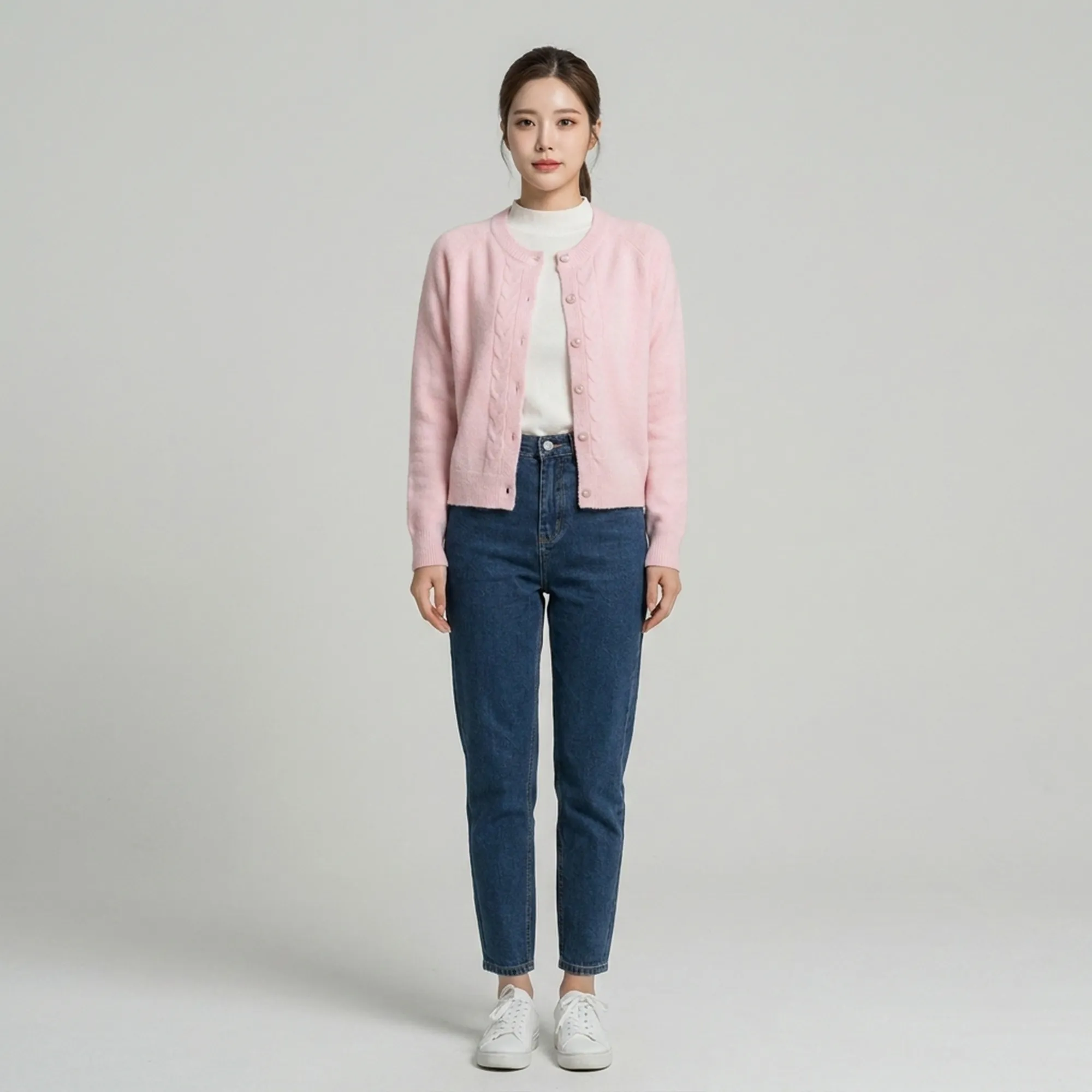 Light-pink-cable-knit-button-front-cardigan-sweater-for-women-with-full-sleeves