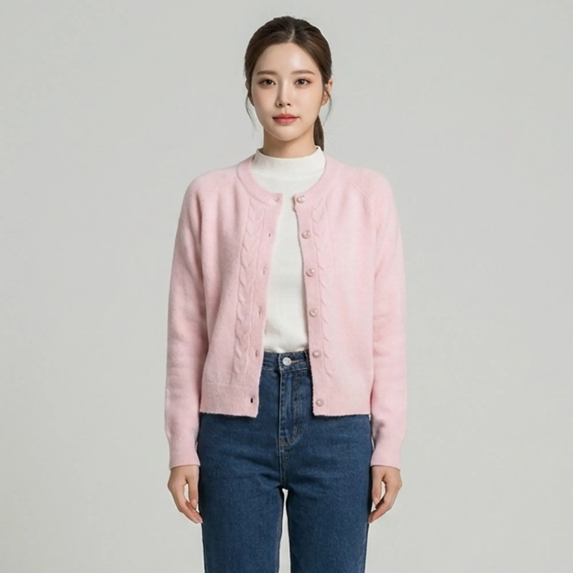 Light-pink-cable-knit-button-front-cardigan-sweater-for-women-with-full-sleeves