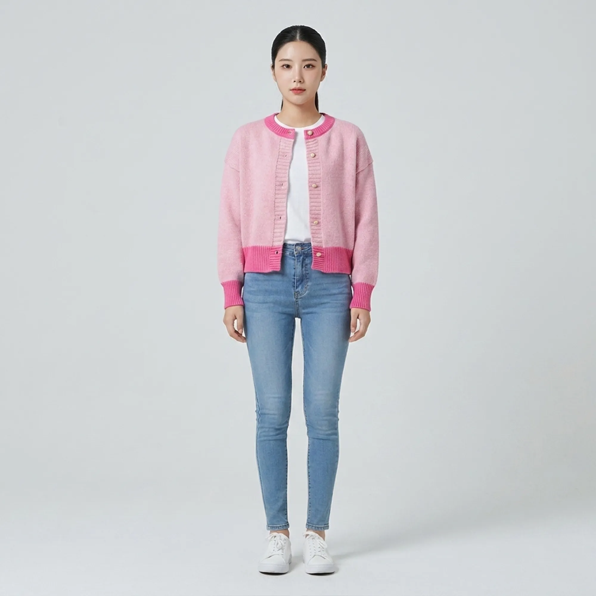 Light-pink-colorblock-knit-button-front-cardigan-sweater-for-women-with-hot-pink-ribbed-trim