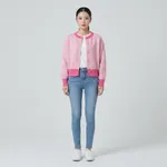 Light-pink-colorblock-knit-button-front-cardigan-sweater-for-women-with-hot-pink-ribbed-trim