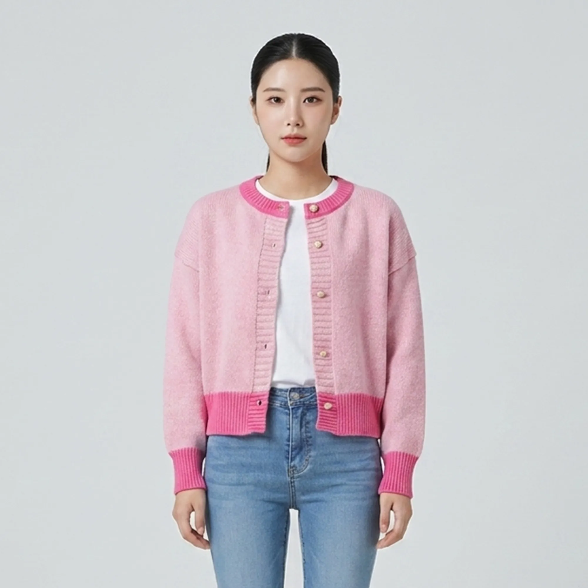 Light-pink-colorblock-knit-button-front-cardigan-sweater-for-women-with-hot-pink-ribbed-trim